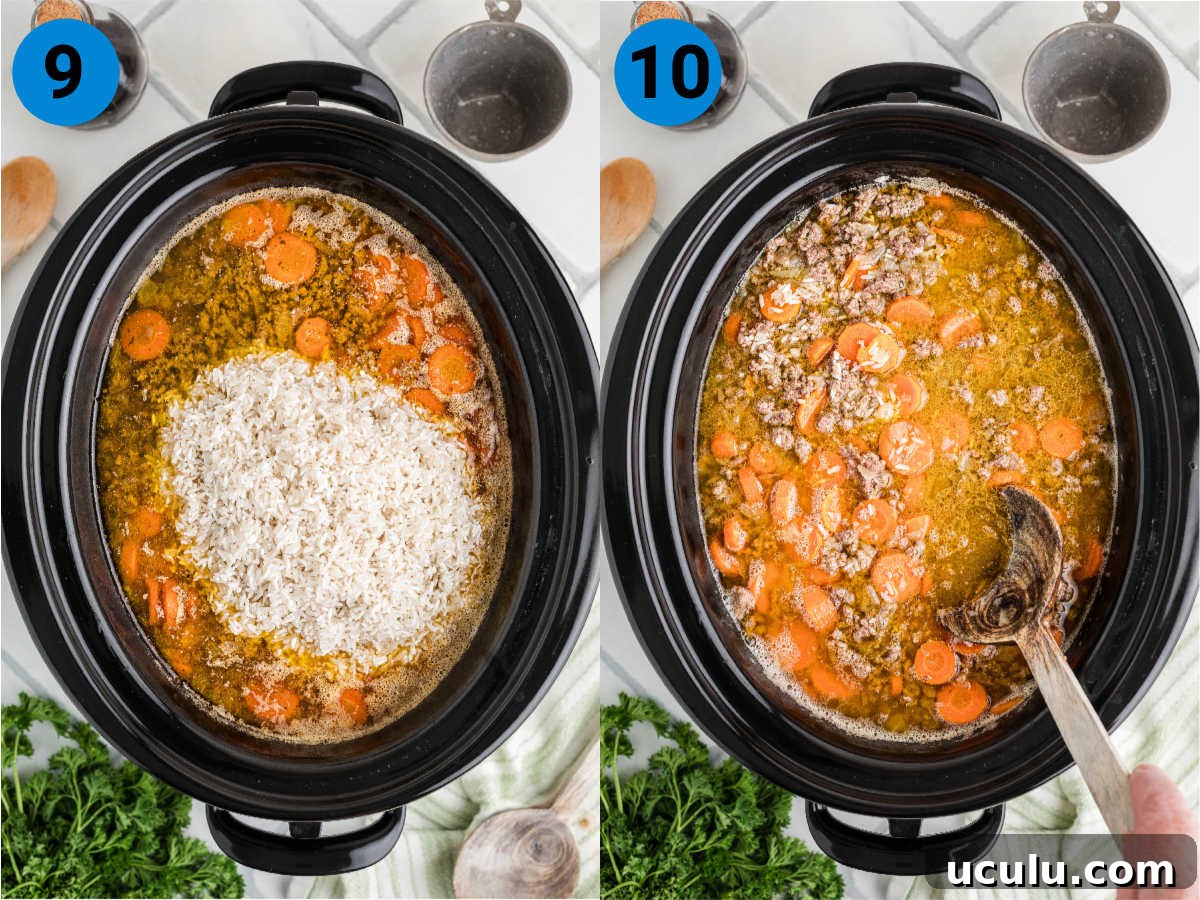 Collage of two images showing how to make crock pot carrot and ground meat, recipe steps 9-10.