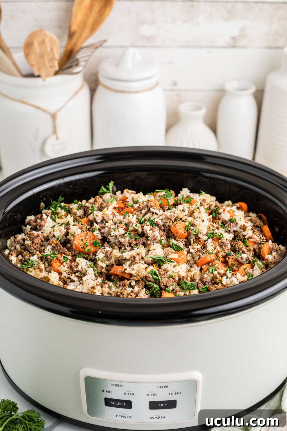 Front shot of a crock pot with carrots and ground meat sprinkled with parsley.