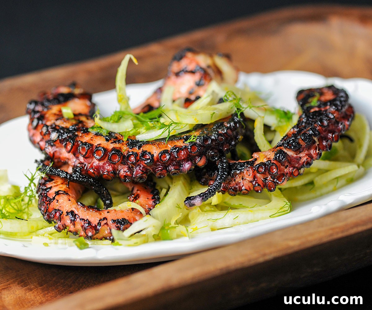 grilled octopus on a bed of greens.