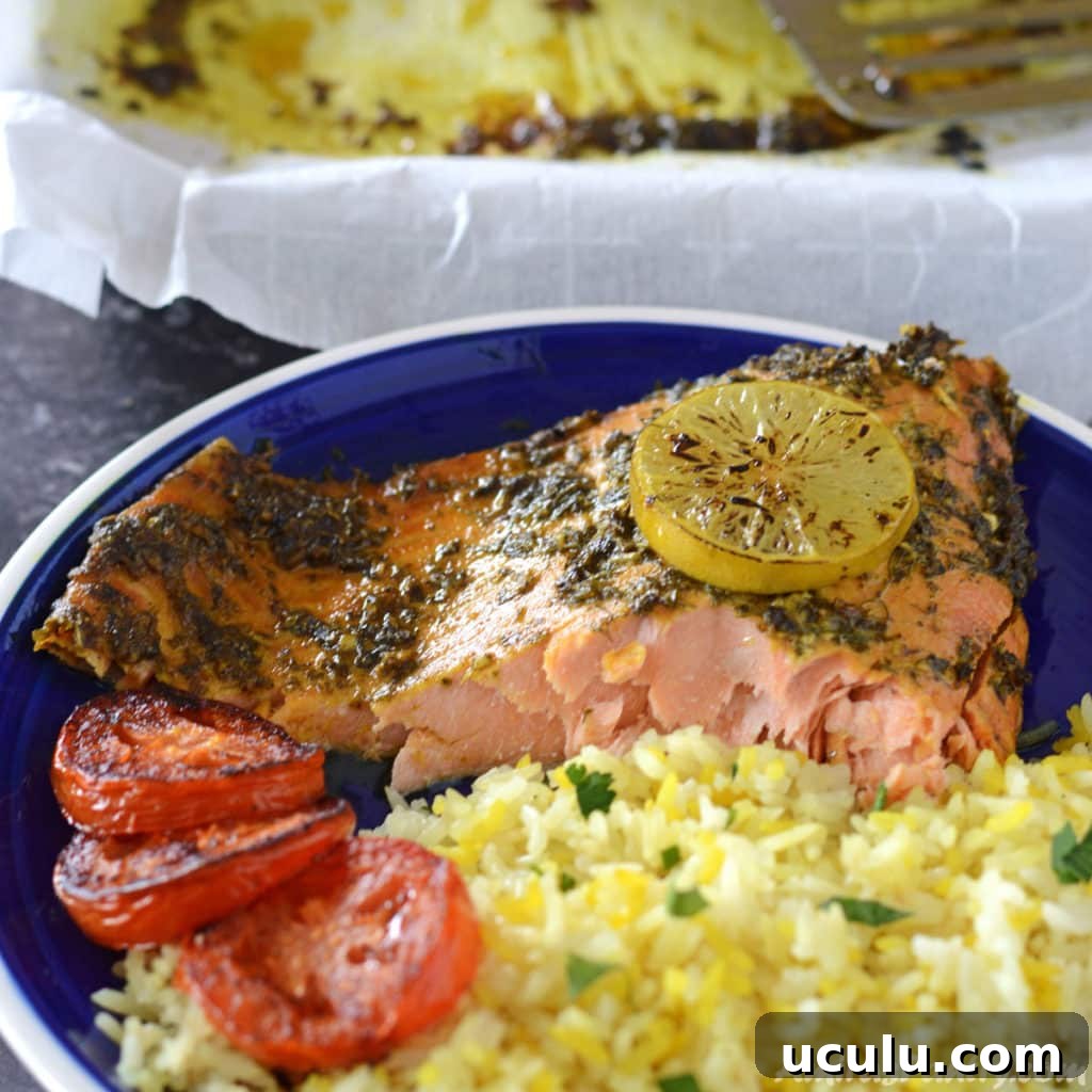 a piece of baked salmon with yellow rice on a blue plate