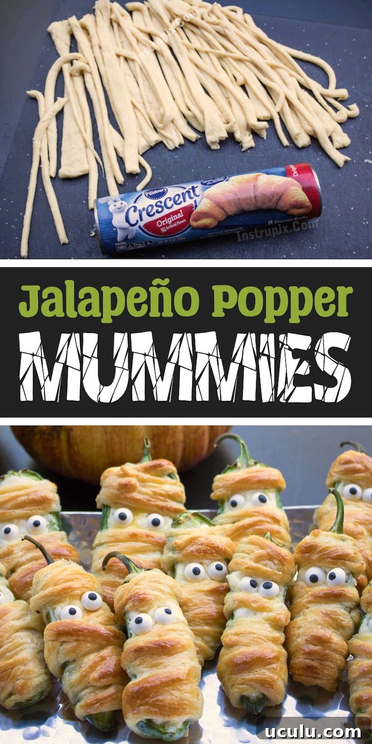 This easy Halloween appetizer for adults is a hit at parties! Jalapeño Popper Mummies are a spooky vegetarian snack loaded with a delicious cream cheese mixture and wrapped with crescent dough. Add some candy eyeballs and they are actually kind of cute! A great table display for a fall party. 