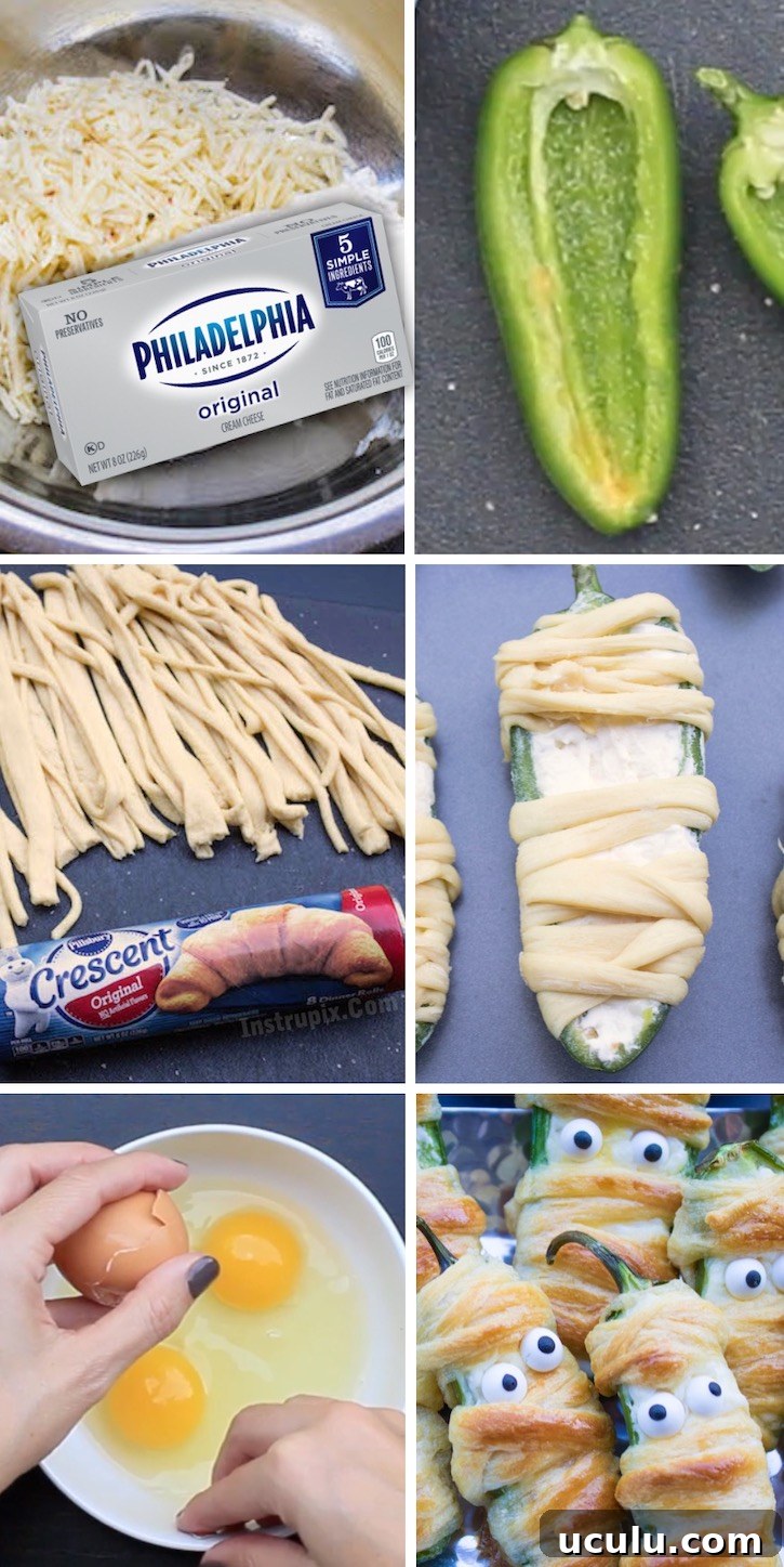 Jalapeño Popper Mummies | This yummy Halloween party food is a real crowd pleaser for adults! Simply stuff jalapenos with a mixture of cream cheese and pepper jack, wrap with strips of refrigerated crescent dough, bake, and then add candy eyes to create cute yet creepy finger food for parties. 