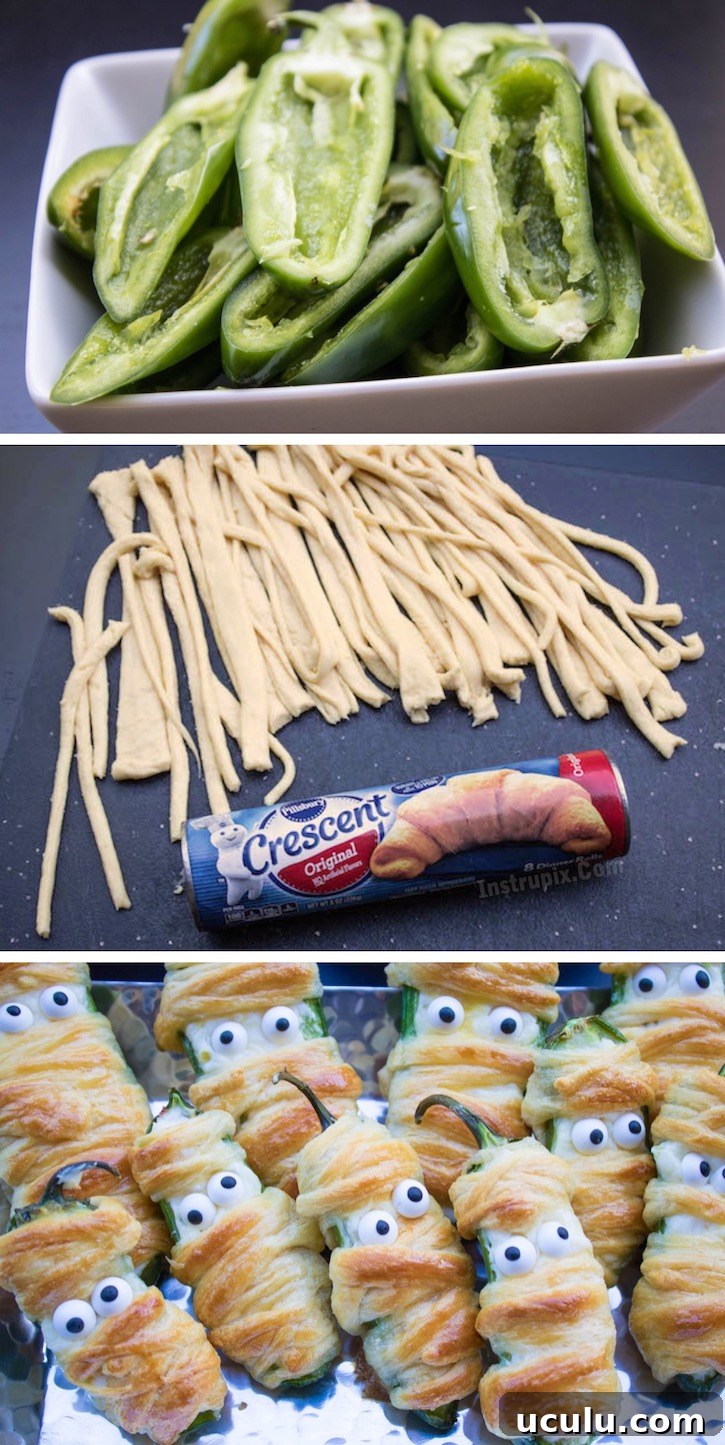 Are you looking for fun and easy Halloween appetizers to make? These Jalapeño Popper Mummies are the best finger food for parties! They are cheesy, yummy, handheld food that's almost too cute to eat. Serve them up at your next party and everyone will be asking you for the recipe. 
