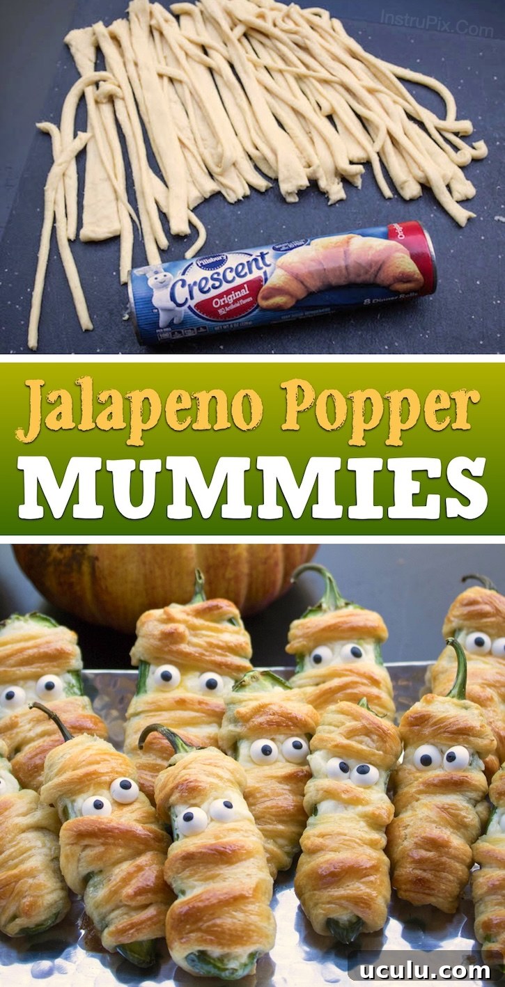 Delicious Halloween party food! These jalapeno popper mummies are made with a yummy cream cheese mixture and wrapped in strips of Pillsbury crescent dough. Super easy and yet impressive party food for a Halloween party!
