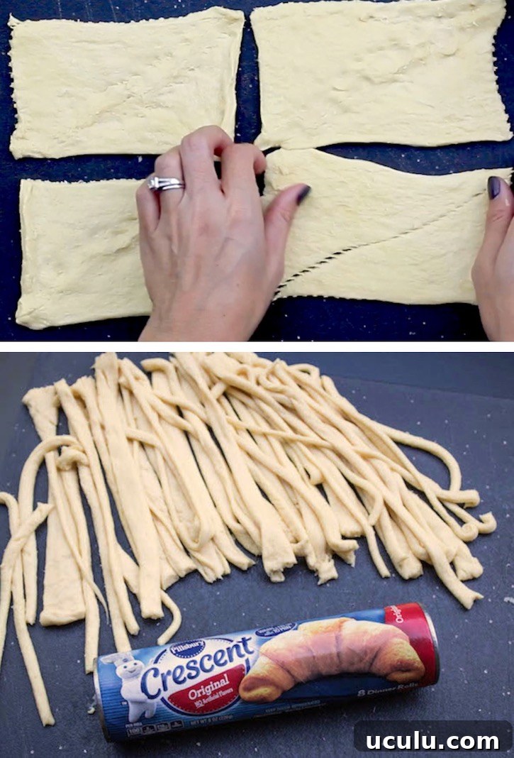 Pillsbury refrigerated crescent dough being prepared into strips for making Halloween Jalapeño Popper Mummies-- A fun and spooky appetizer for adults. 