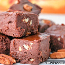Close-up of chocolate fudge with Velveeta and pecan pieces stacked on a plate.