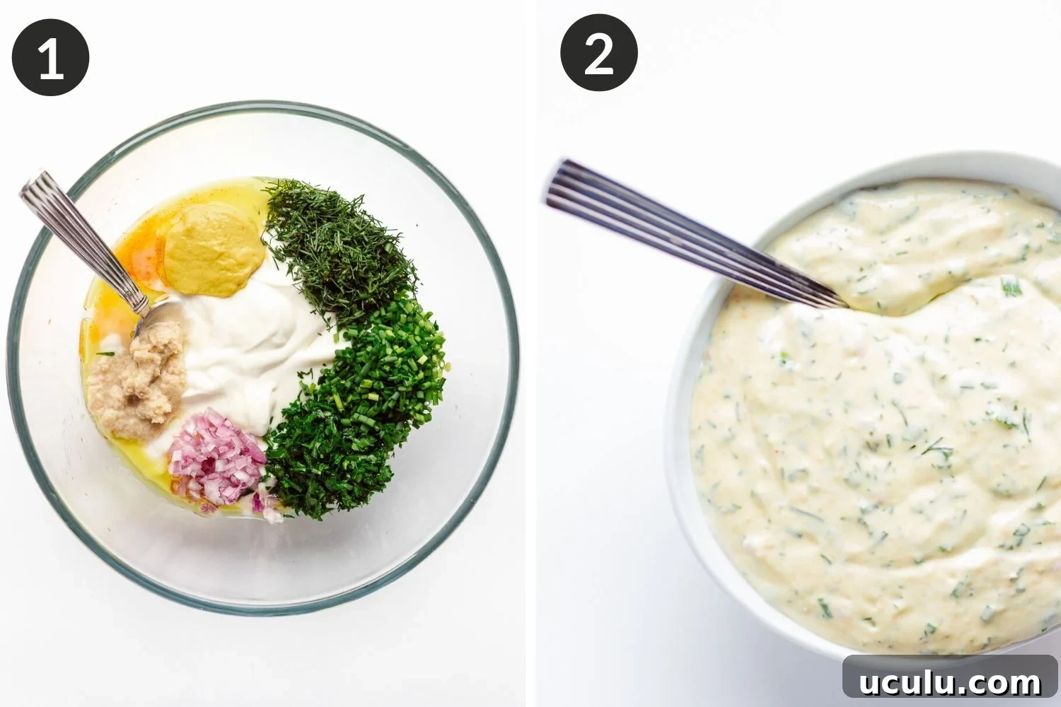 Process collage showing how to make creamy herb sauce/dip.