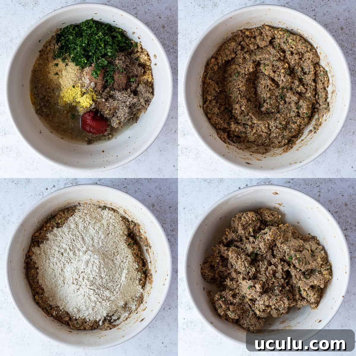 Step 5 - a four image collage of adding the seasonings and the vital wheat gluten.
