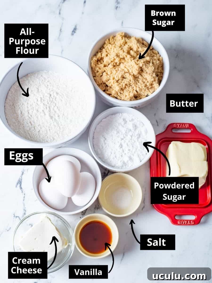 Ingredients for blondie brownies in glass bowls with text overlay for each ingredient.