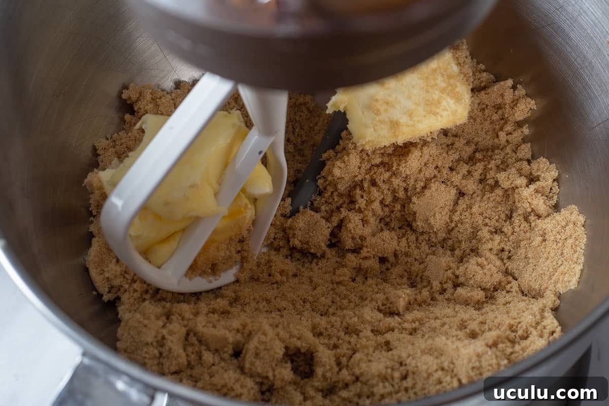 Butter and sugar in mixing bowl of stand mixer.