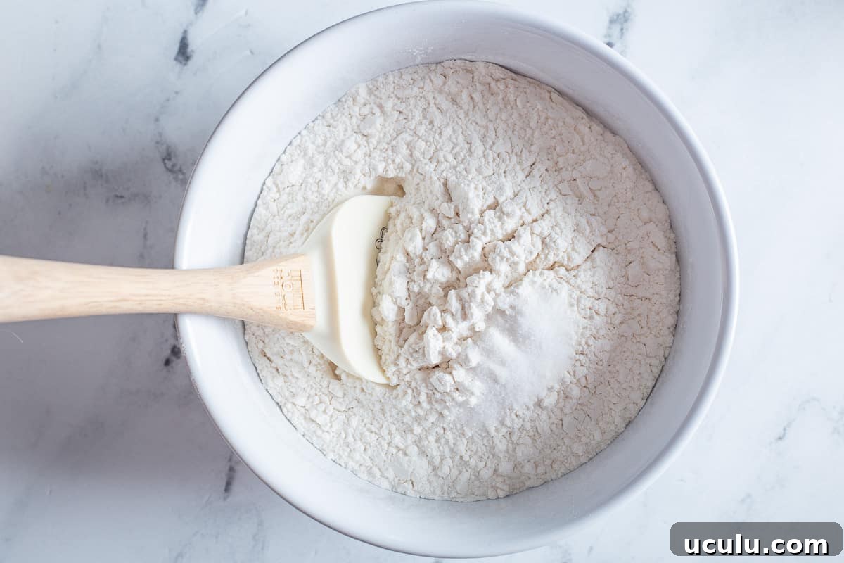 Dry ingredients in mixing bowl with spatula.