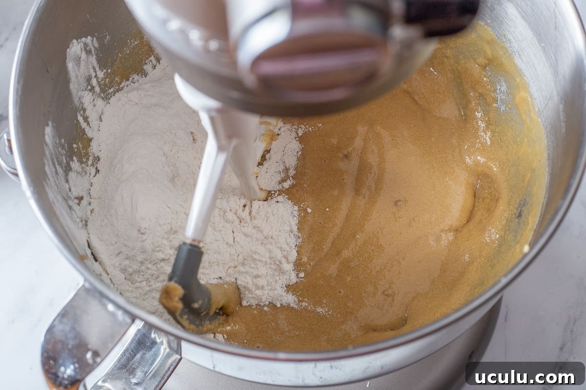 Dry ingredients are added to butter mixture in bowl from stand mixer.