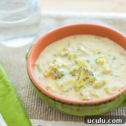 Cheddar Broccoli Soup from Scratch In Green Bowl on Placemat
