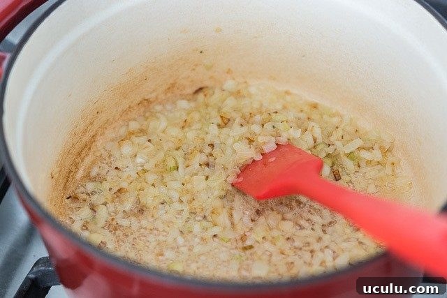Sauteed onions in soup pot