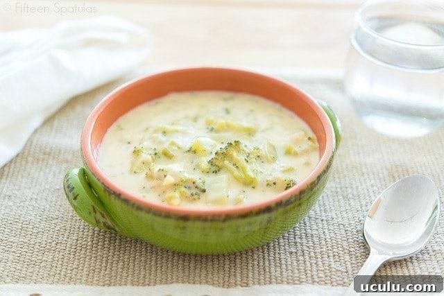 Cheddar Broccoli Soup from Scratch - In Green Bowl on Placemat