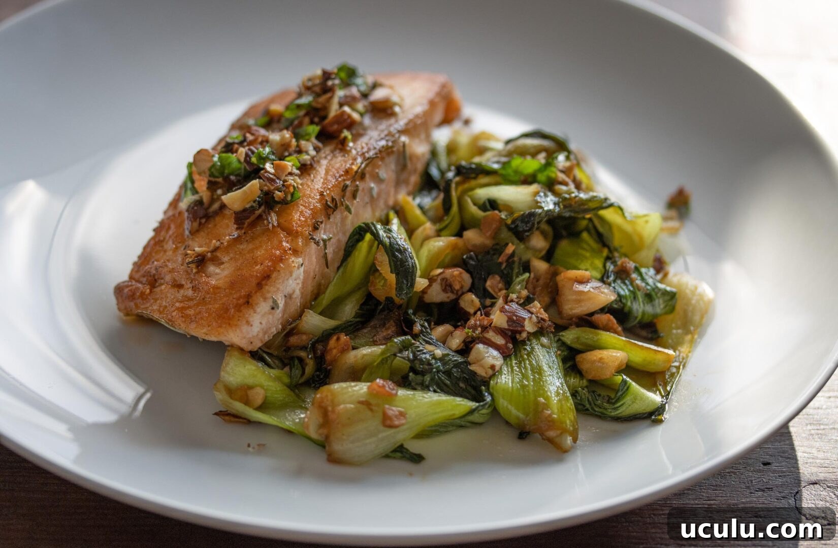 Salmon with steamed bok choy and almond