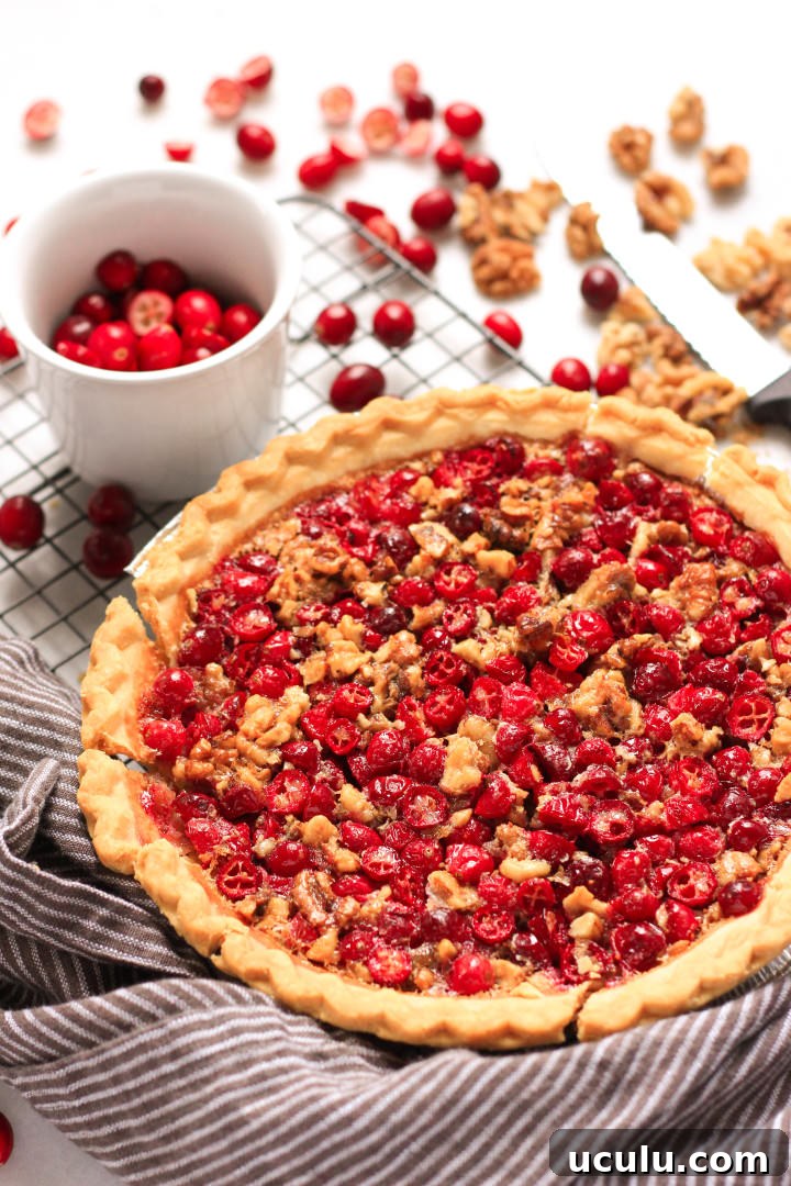 Cranberry pie on a wire rack.
