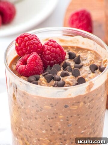 A jar of chocolate overnight oats topped with chocolate chips and raspberries