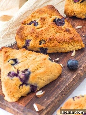 Almond flour blueberry scones on wooden board