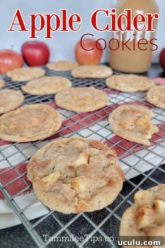 Apple Cider Cookies over a wire rack with cookies, a cloth napkin, and jug of cider with apples in the background