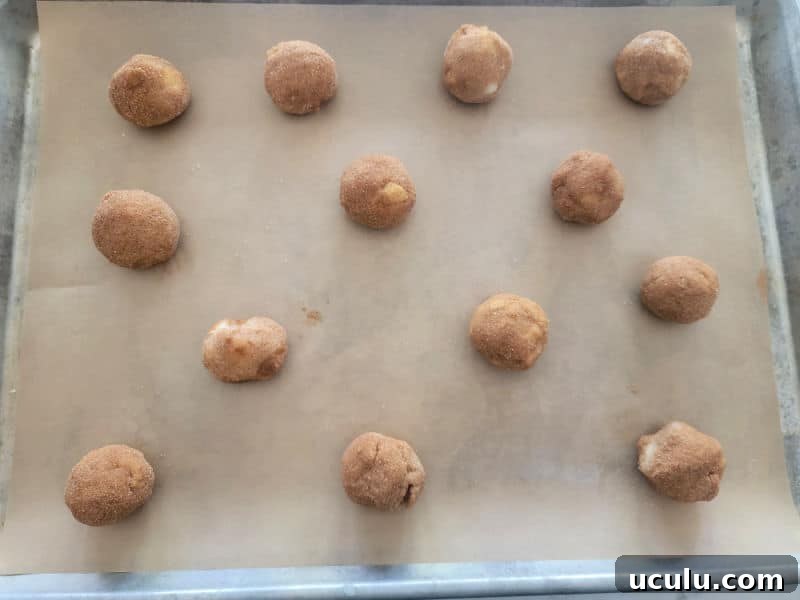 Raw apple cider cookie dough balls on a parchment lined baking sheet