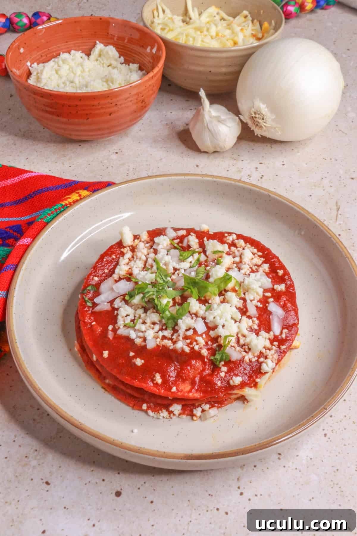 Stacked Enchiladas with red guajillo chile sauce on a plate