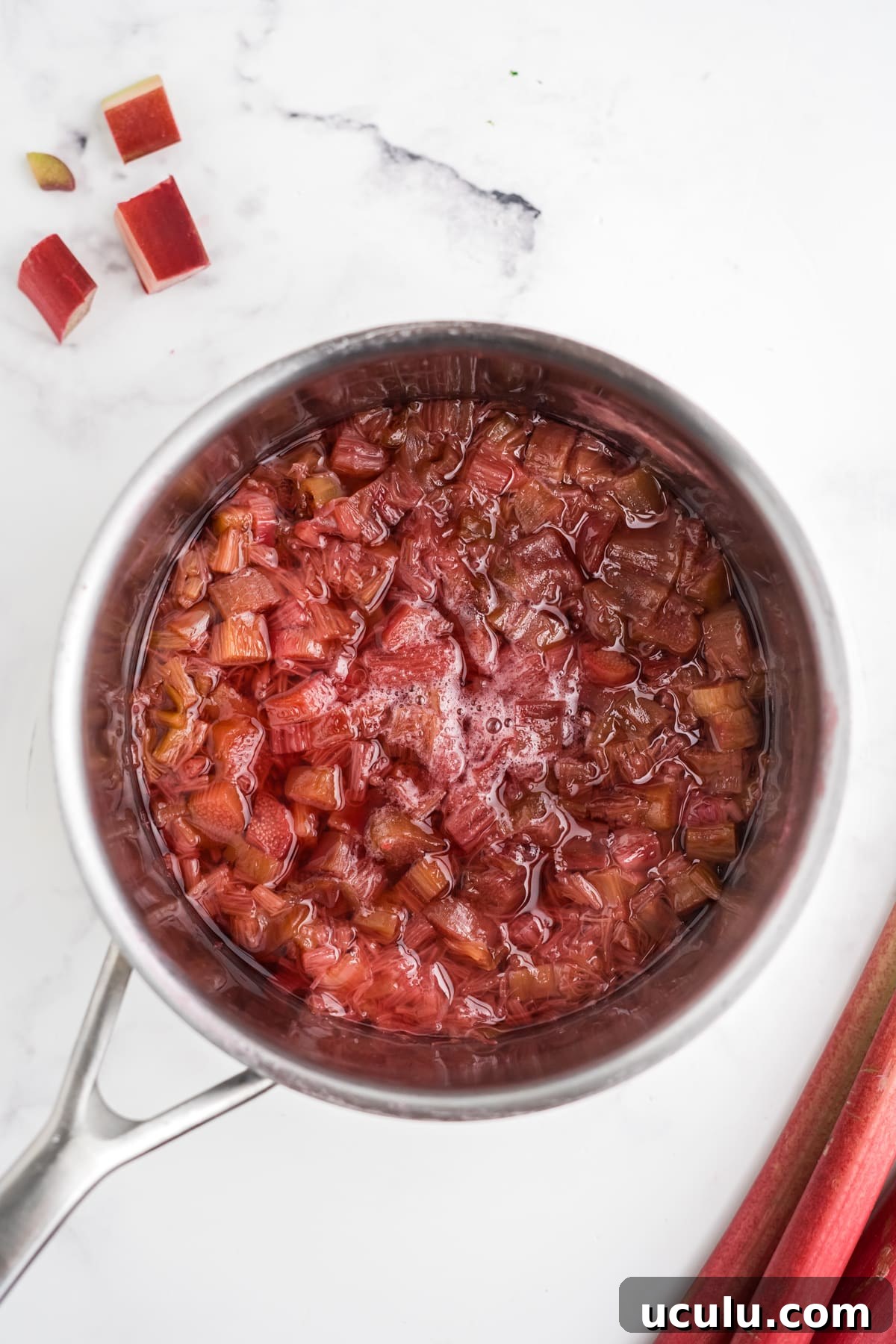 An overhead image of cooked rhubarb and sugar.