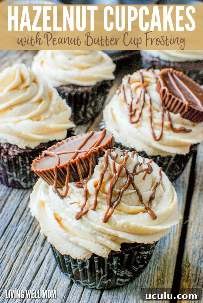 Chocolate Hazelnut Cupcakes with Peanut Butter Cup Frosting - this simple recipe is dessert heaven for chocolate and peanut butter lovers with a peanut butter cream cheese frosting and peanut butter cups drizzled with chocolate!