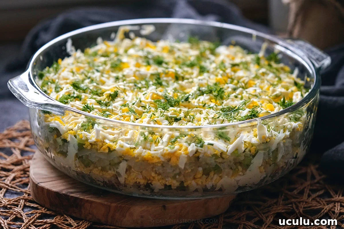 Assembled potato egg salad served in a round glass dish, perfect for holiday tables.