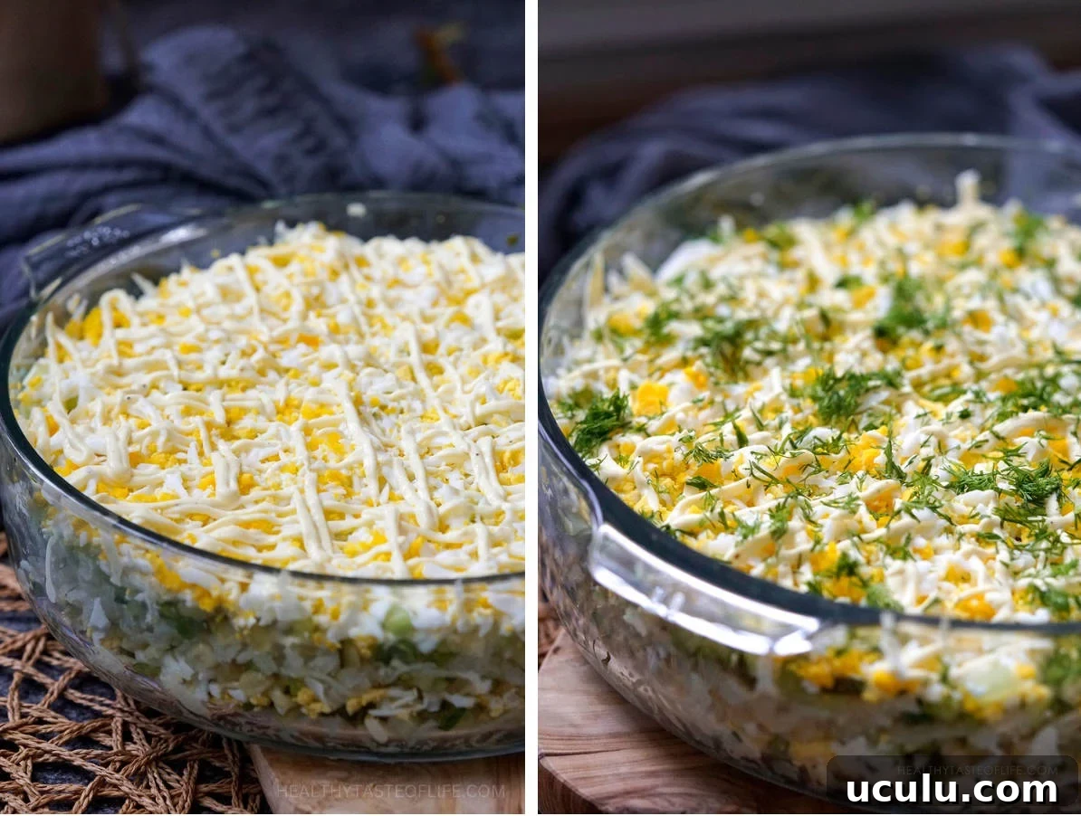 The potato salad is readily assembled and garnished with fresh chopped dill weed.
