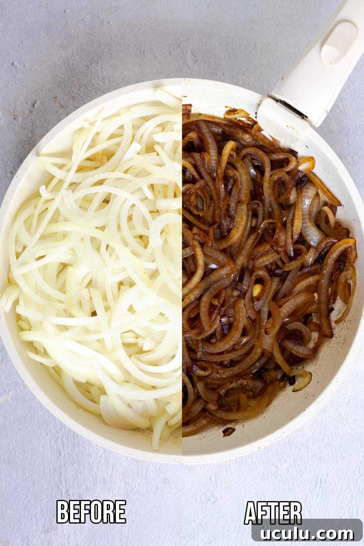 A white skillet showing onions raw on one side and caramelized on the other. Text on the image says 'BEFORE' and 'AFTER'.