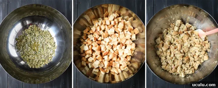 three process photos showing a large bowl with celery, onion butter mixture, then with added bread cubes and finally, a fully combined mixture