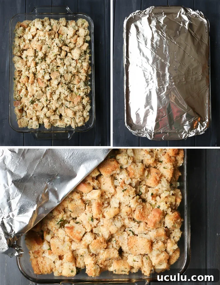 Process photos showing Classic Herb Stuffing in the baking pan, before baking, covered with foil and then with the foil partially exposing the stuffing after the first bake