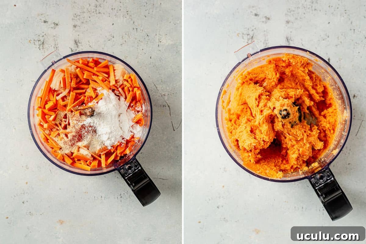 two images showing ground chicken, sweet potatoes, garlic, and cornstarch in a food processor, and then all of it mixed together