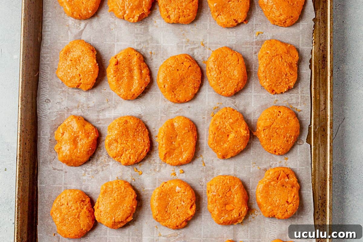 healthy chicken nuggets on a cookie sheet before baking