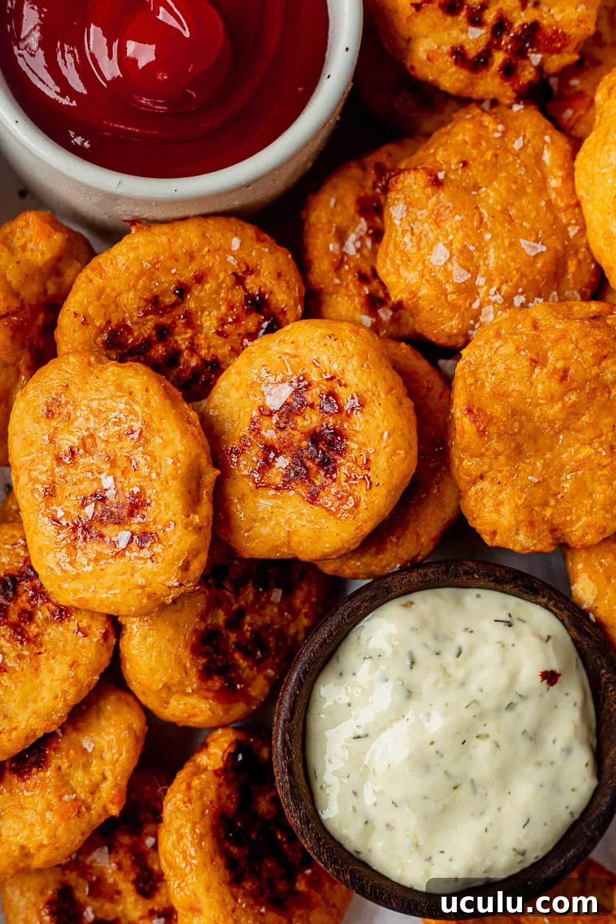 golden brown chicken nuggets with a small dish of ranch and ketchup