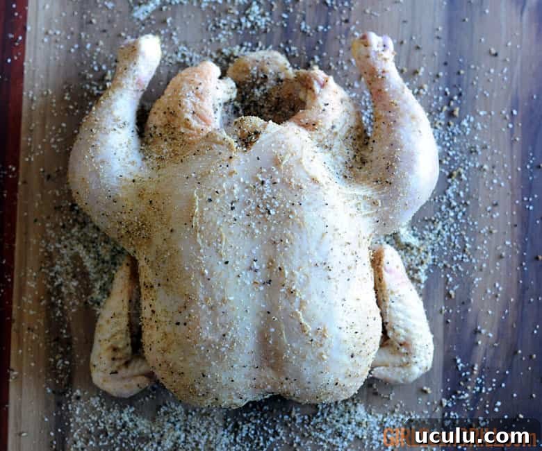 raw whole chicken covered with seasoning.