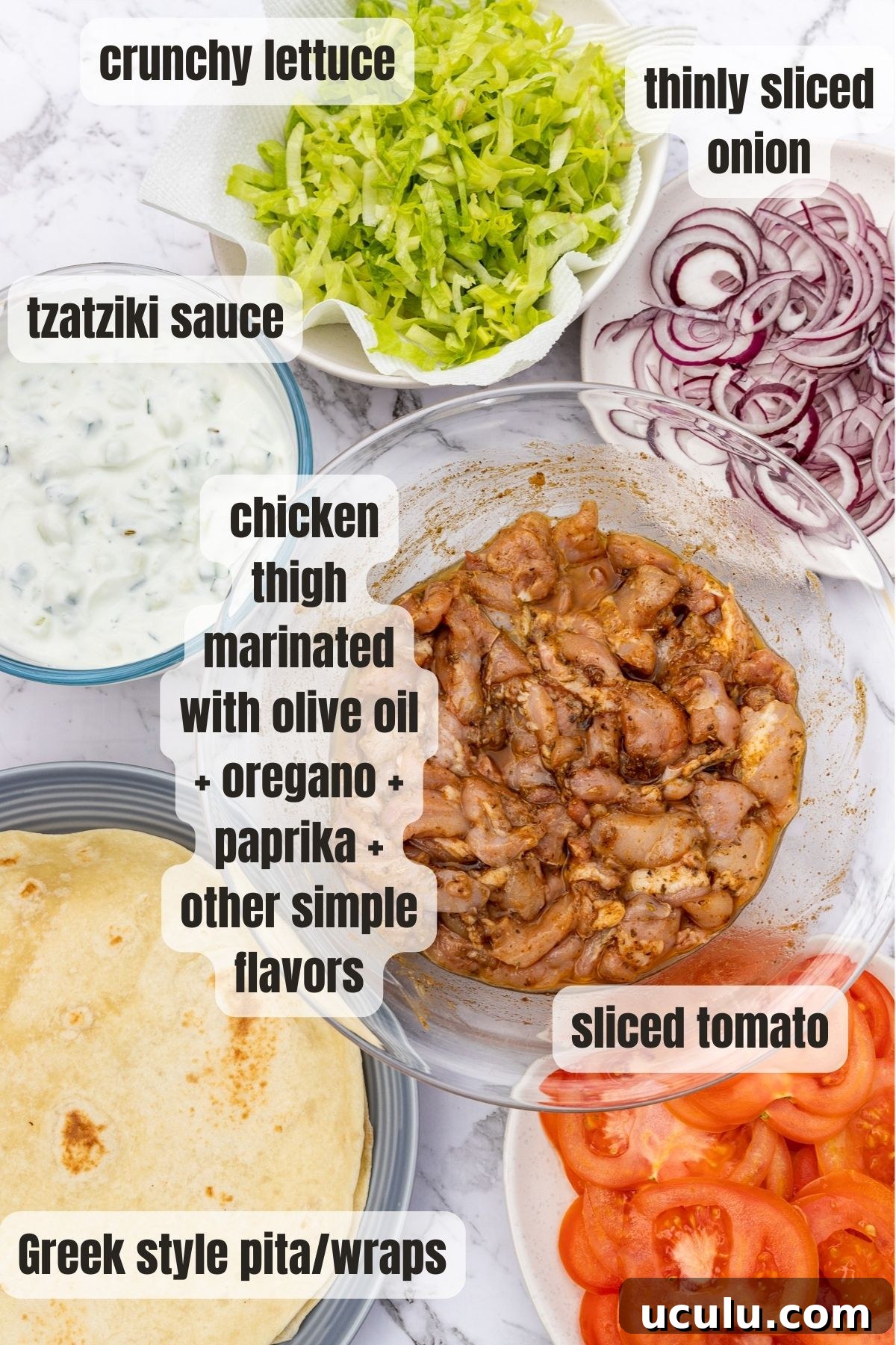 Overhead view of all the ingredients to make Greek chicken gyro pitas including marinated chicken thigh pieces, pita wraps, slices of tomato and onion and shredded lettuce and a bowl of tzatziki.