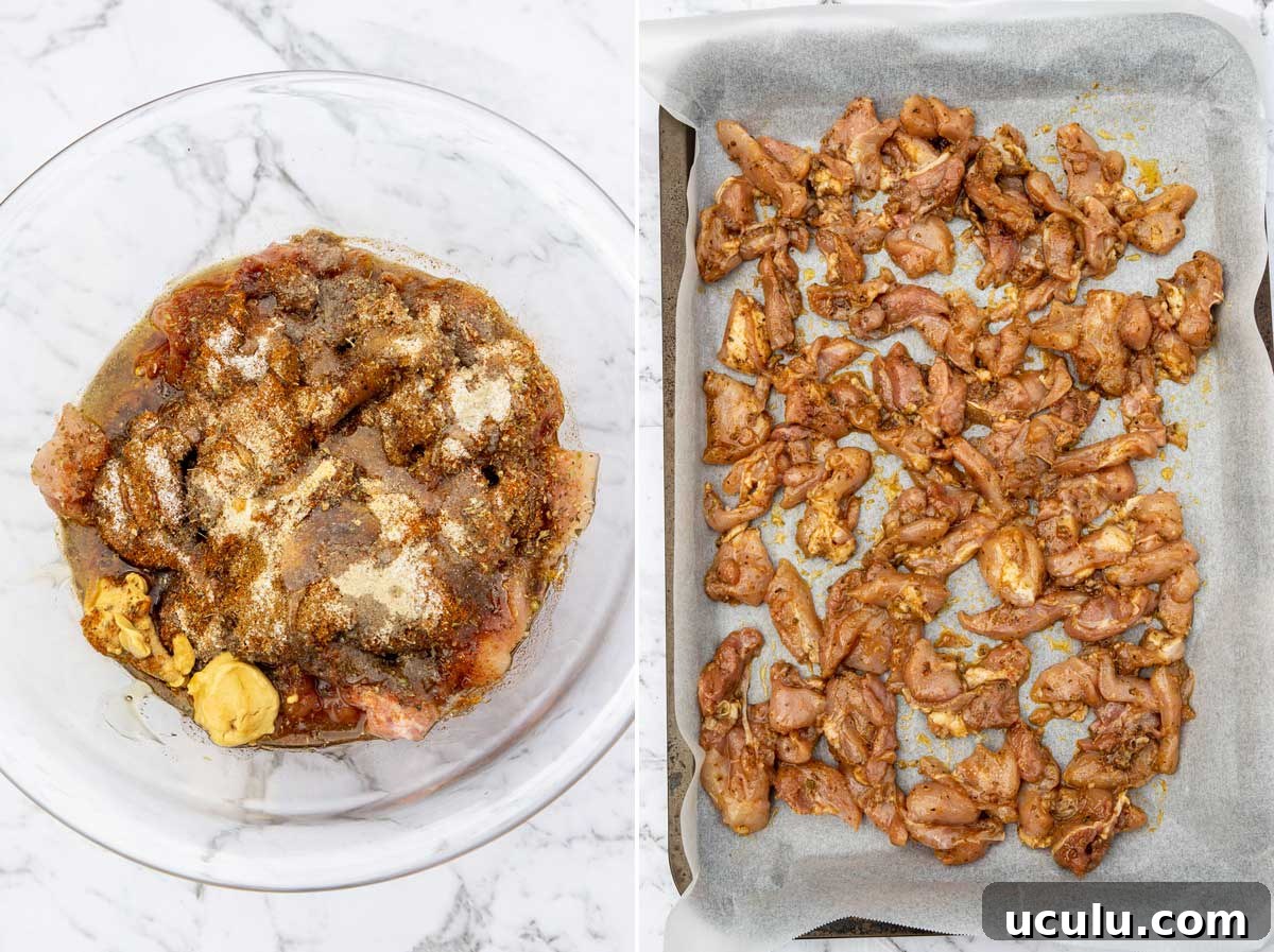 Overhead view of two images showing marinated chicken thigh pieces in a Pyrex glass bowl on a marble background and the chicken after roasting on a sheet pan and baking paper.
