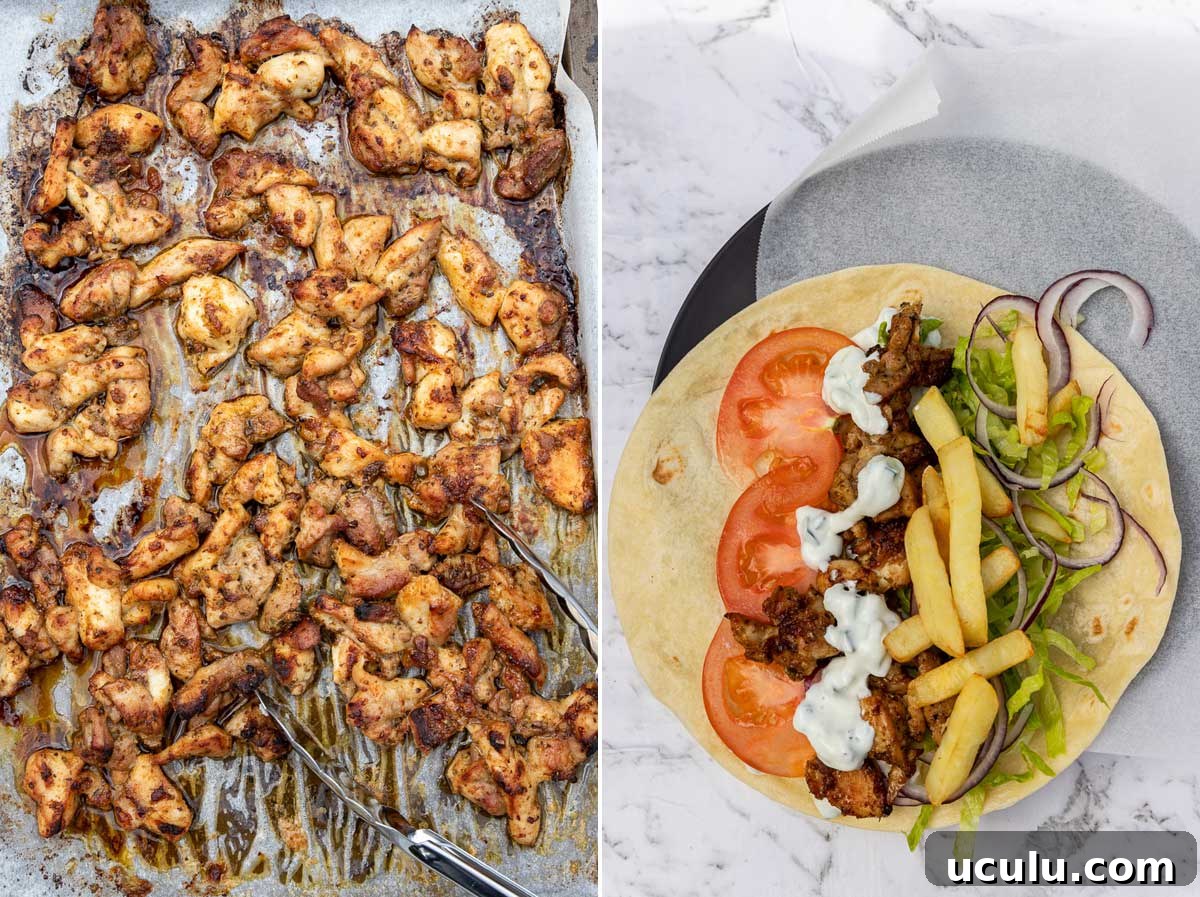 Overhead view of 2 images showing cooked chicken pieces on a baking tray with tongs and a pita wrap with the chicken and Greek toppings in ready to be wrapped.