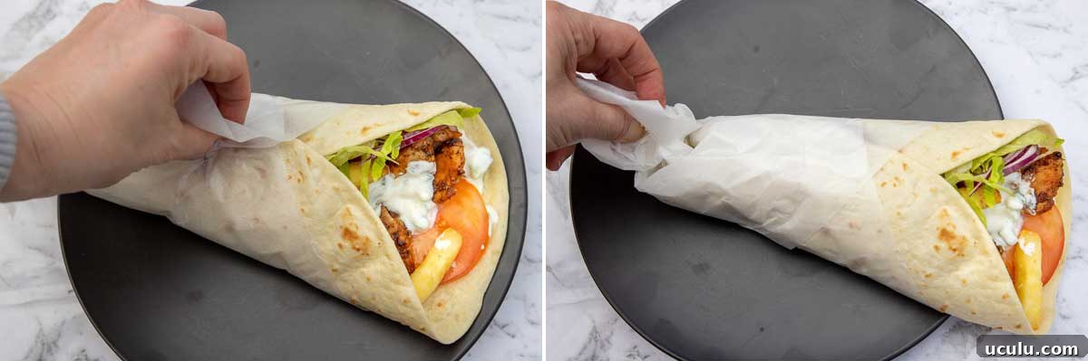 Overhead view of 2 images showing someone wrapping baking paper around a Greek chicken gryo pita on a black plate.