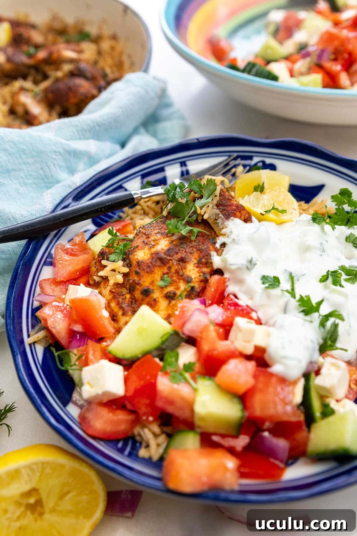 Closeup of the bowl of food, with salad, and the whole pot of food behind.