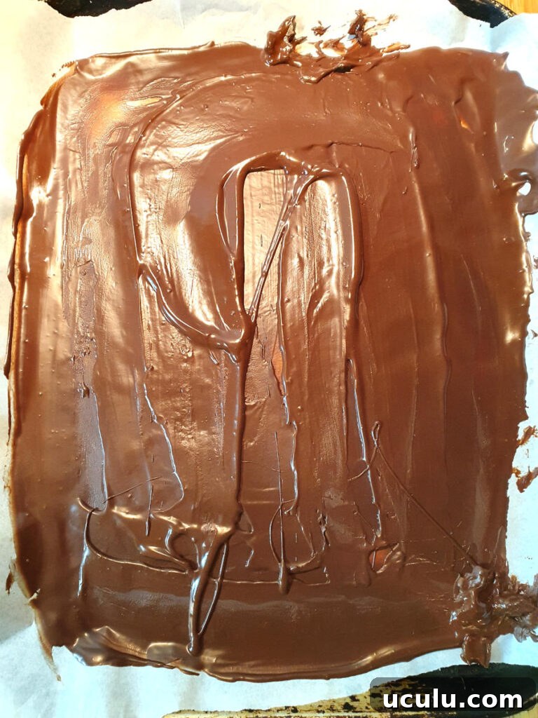 melted-chocolate spread out on grease proof paper