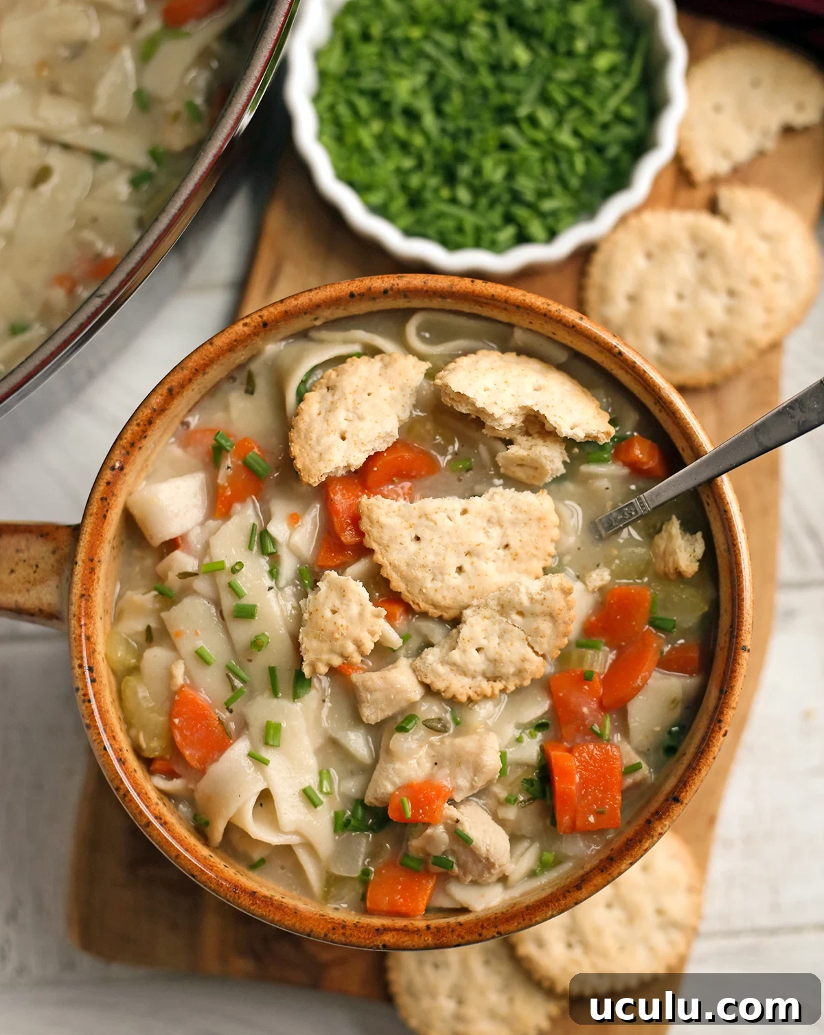 a bowl of chicken noodle soup with crackers on top.