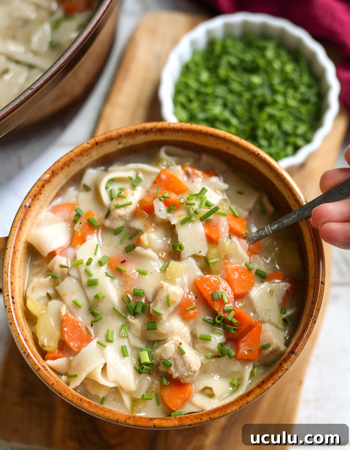 A bowl of chicken noodle soup and a hand taking a scoop out of it with a spoon.
