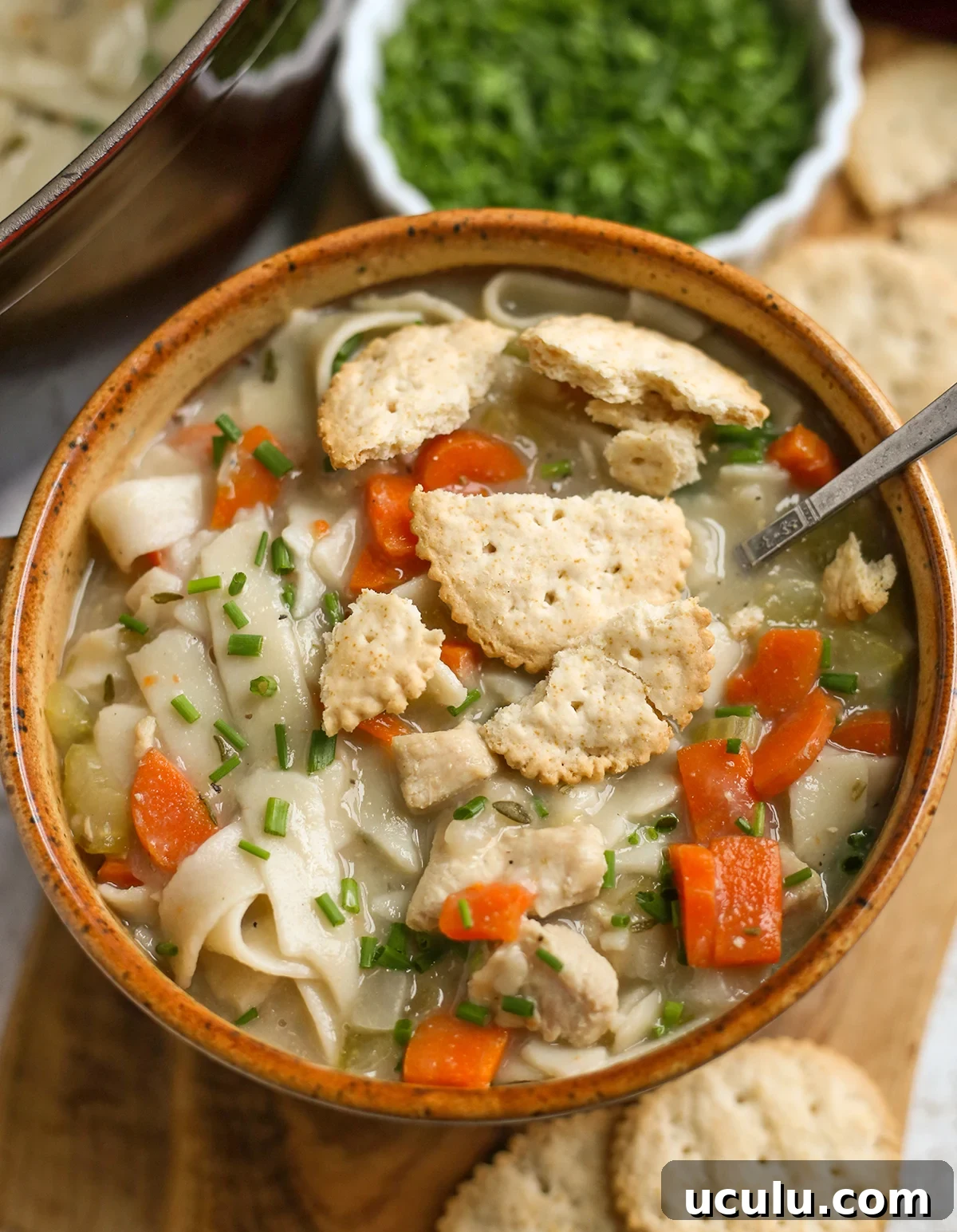 Chicken noodle soup in a bowl with crushed crackers on top.