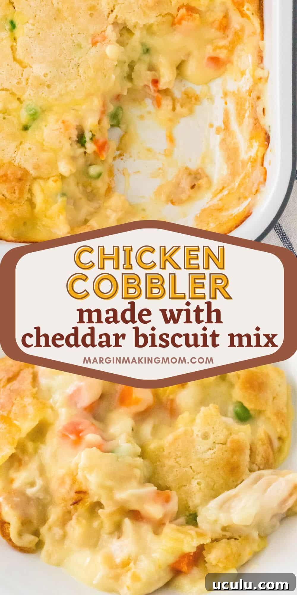 Two photos; one shows a casserole dish of chicken cobbler, with some scooped out. The other shows a close-up view of the casserole served on a white plate.