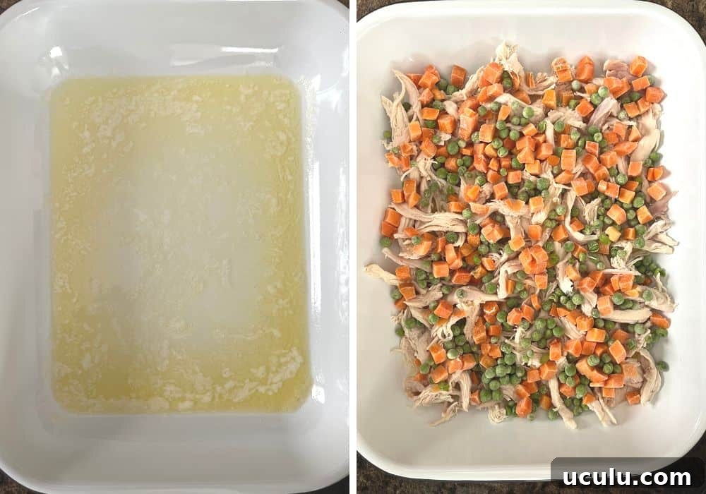two photos; one shows melted butter in a baking dish; the other shows shredded chicken and frozen veggies sprinkled over the butter.