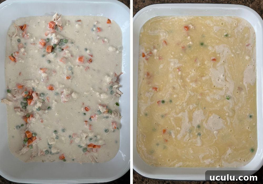 two photos; one shows biscuit mix evenly poured over chicken and veggies; the other shows cream of chicken soup and broth mixture poured over the biscuit batter.