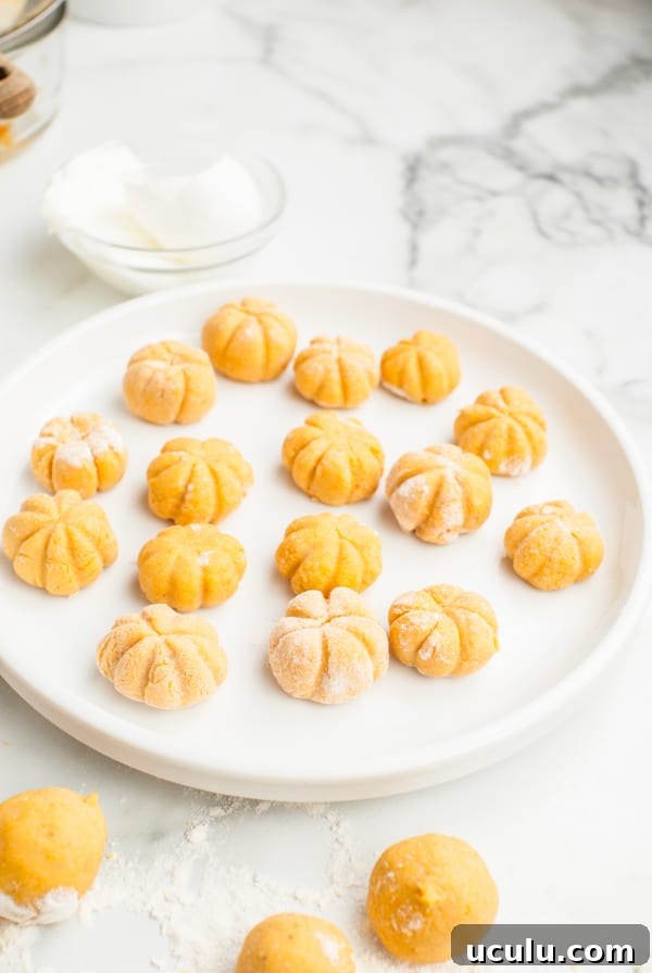Balls of gnocchi shaped like little pumpkins.